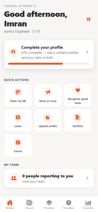 The portal home screen on a phone, with sample data